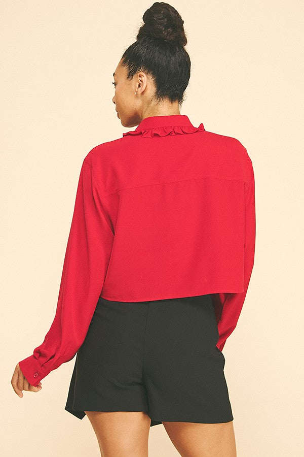 Textured Crepe Ruffled Lace Collar Cropped Blouse