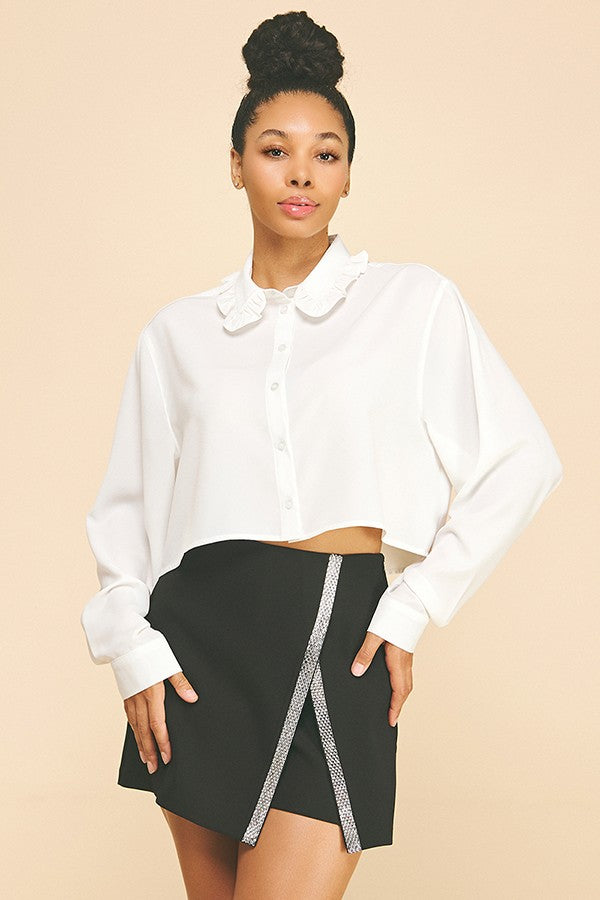 Textured Crepe Ruffled Lace Collar Cropped Blouse