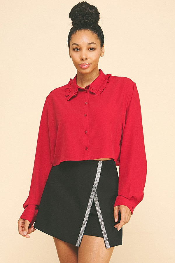 Textured Crepe Ruffled Lace Collar Cropped Blouse