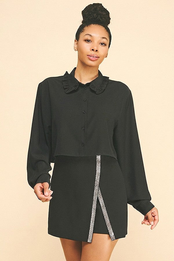 Textured Crepe Ruffled Lace Collar Cropped Blouse
