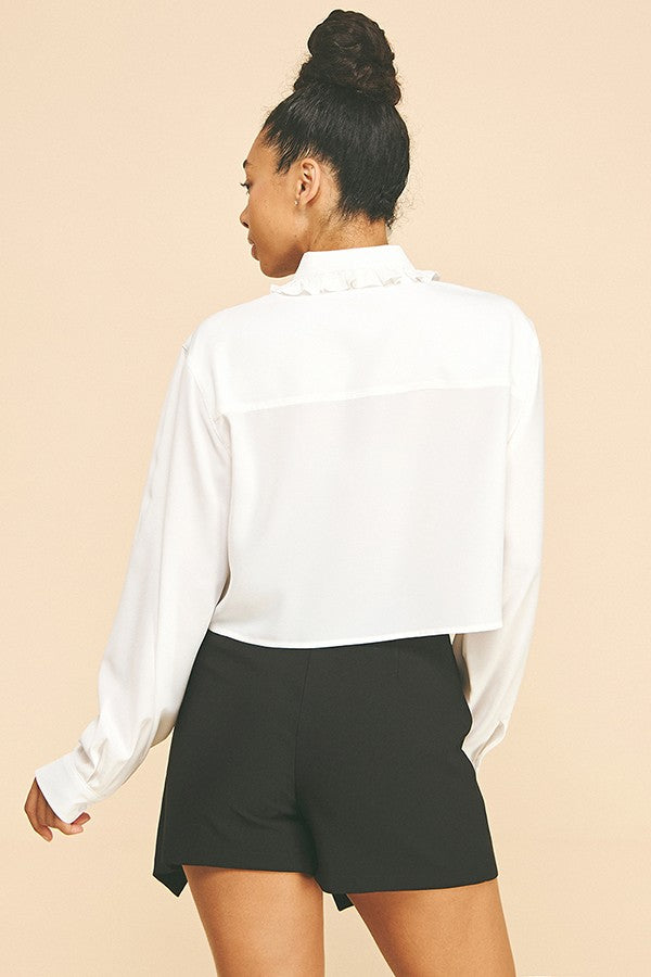 Textured Crepe Ruffled Lace Collar Cropped Blouse