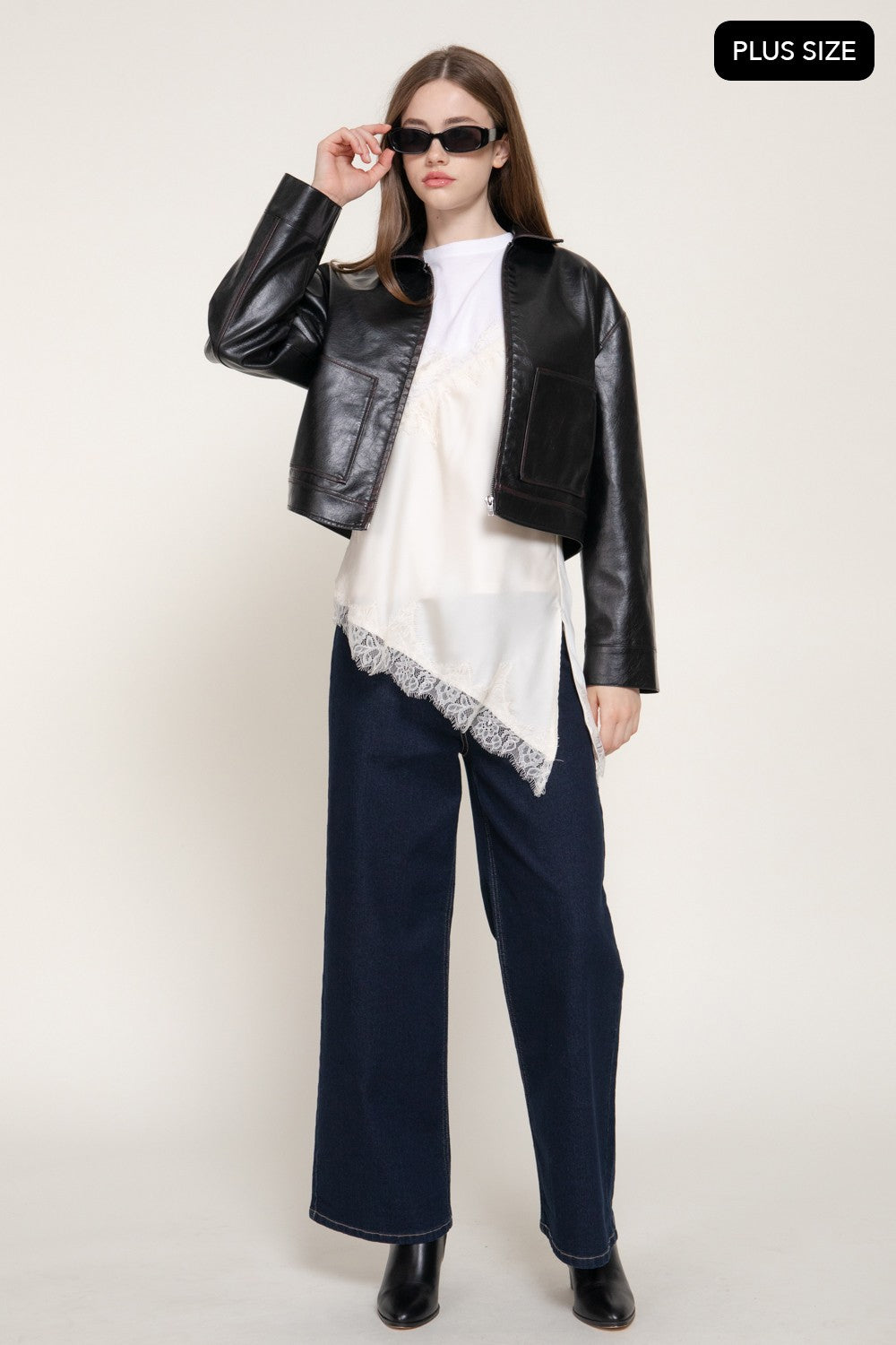 Lapel Collar Washed Effect Faux Leather Jac