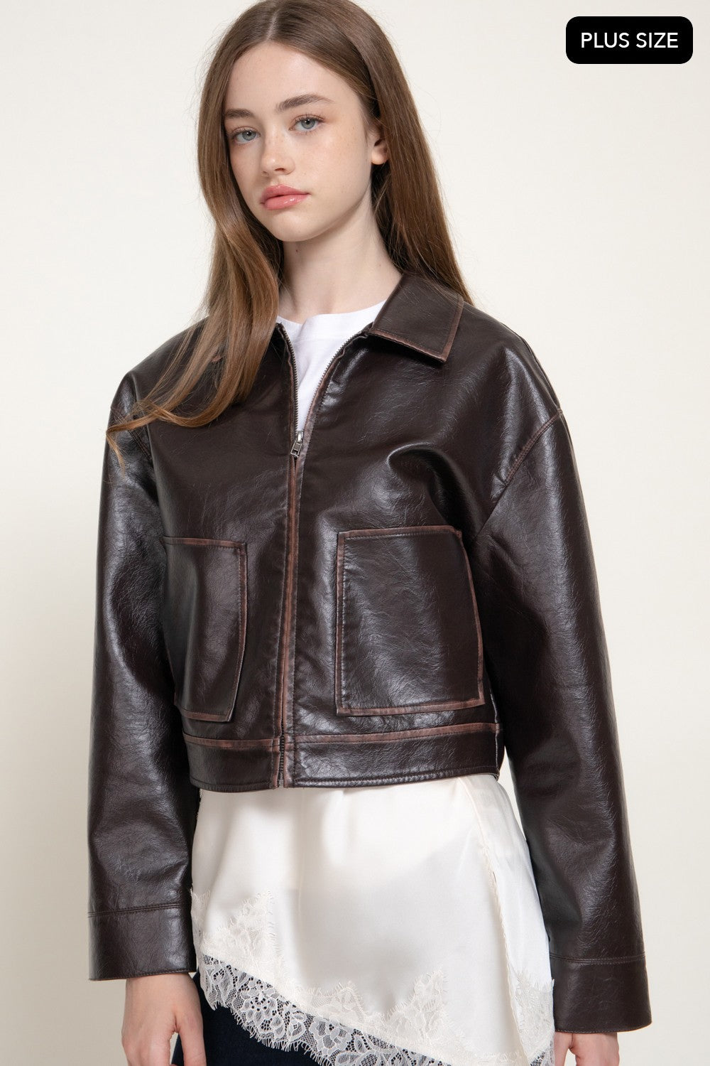 Lapel Collar Washed Effect Faux Leather Jac