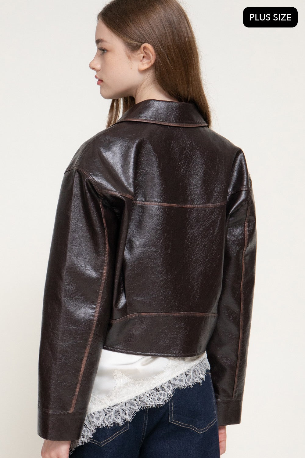 Lapel Collar Washed Effect Faux Leather Jac