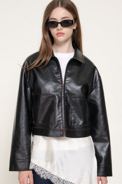 Lapel Collar Washed Effect Faux Leather Jac