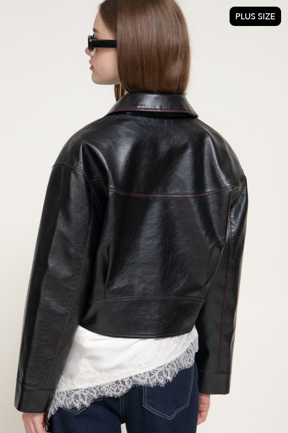Lapel Collar Washed Effect Faux Leather Jac