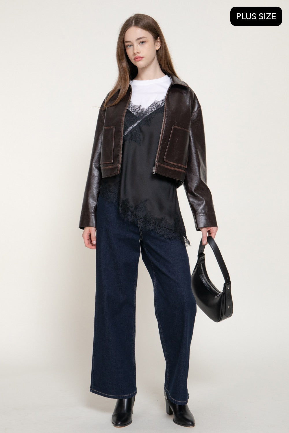 Lapel Collar Washed Effect Faux Leather Jac