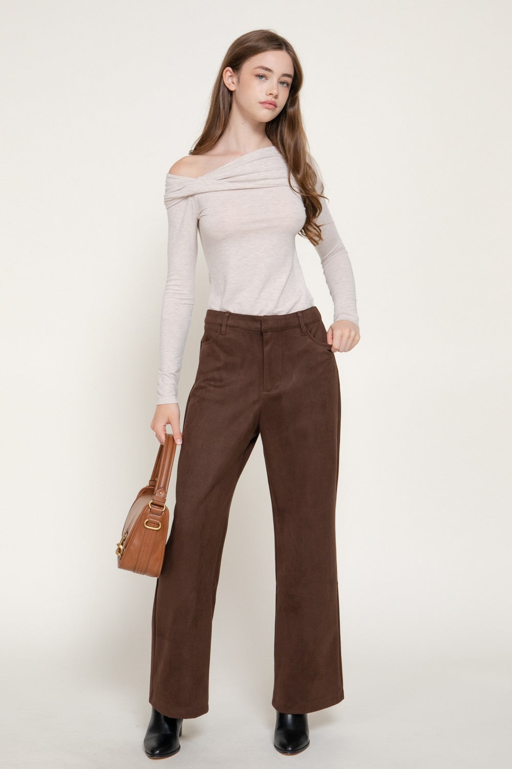 Straight Leg Faux Suede Long Pants