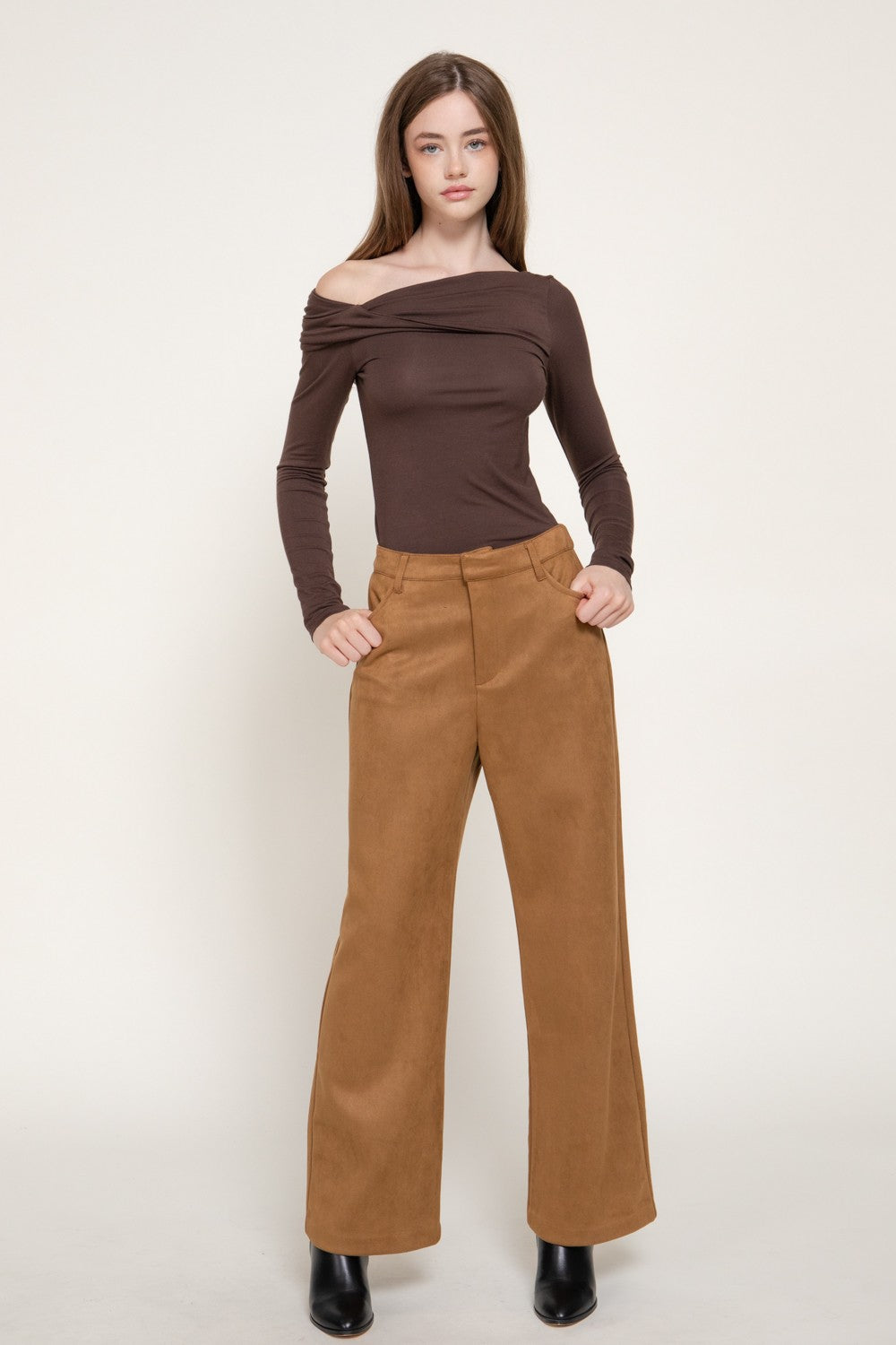 Straight Leg Faux Suede Long Pants