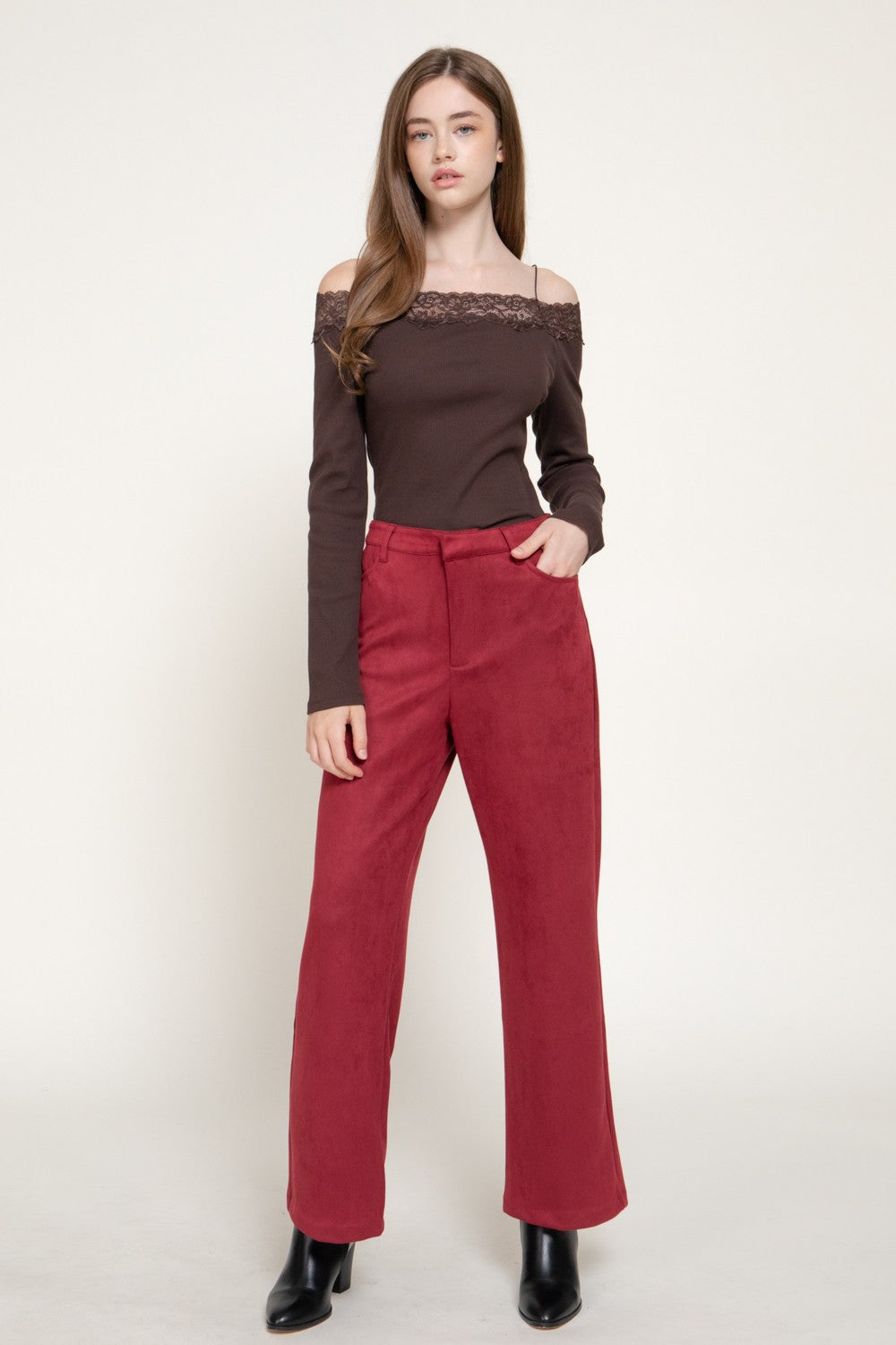 Straight Leg Faux Suede Long Pants