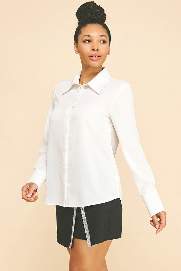 Textured Crepe Rhinestone Cluster Button Dress Shirt Blouse