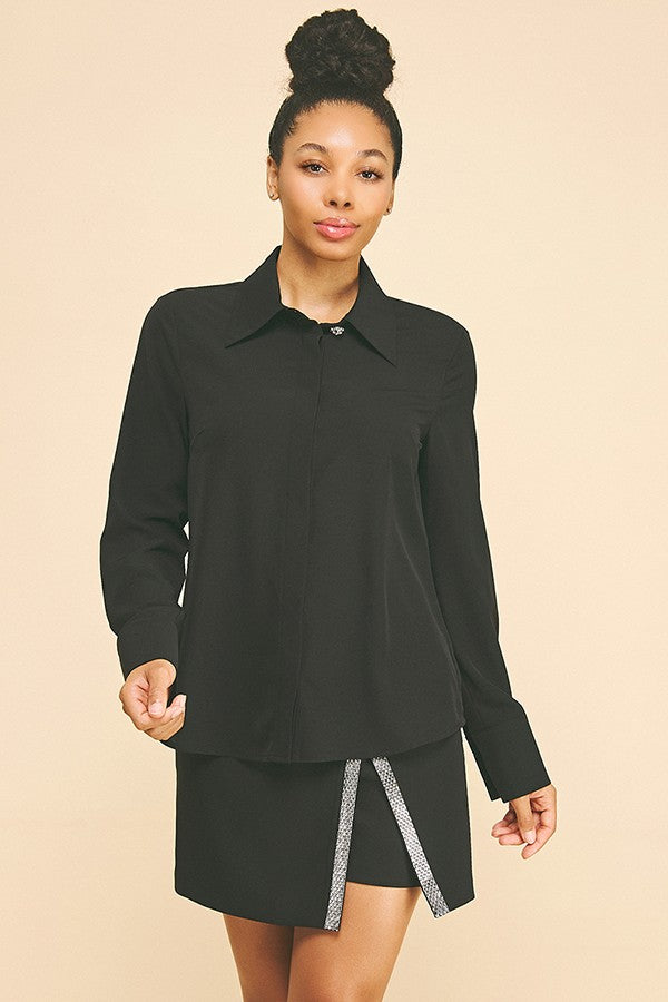 Textured Crepe Rhinestone Cluster Button Dress Shirt Blouse