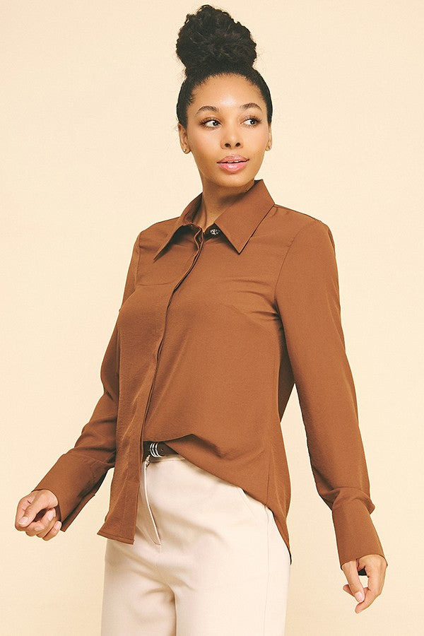 Textured Crepe Rhinestone Cluster Button Dress Shirt Blouse