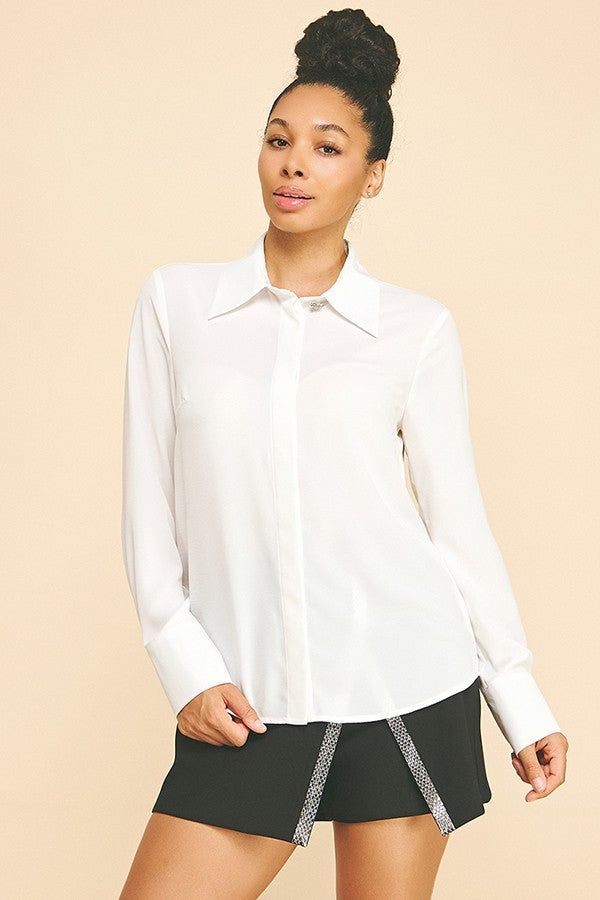 Textured Crepe Rhinestone Cluster Button Dress Shirt Blouse