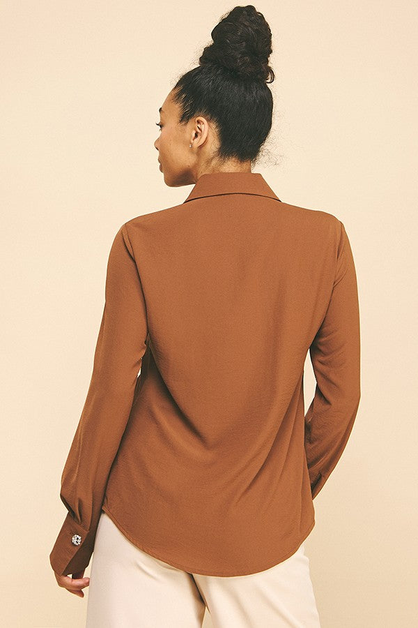 Textured Crepe Rhinestone Cluster Button Dress Shirt Blouse