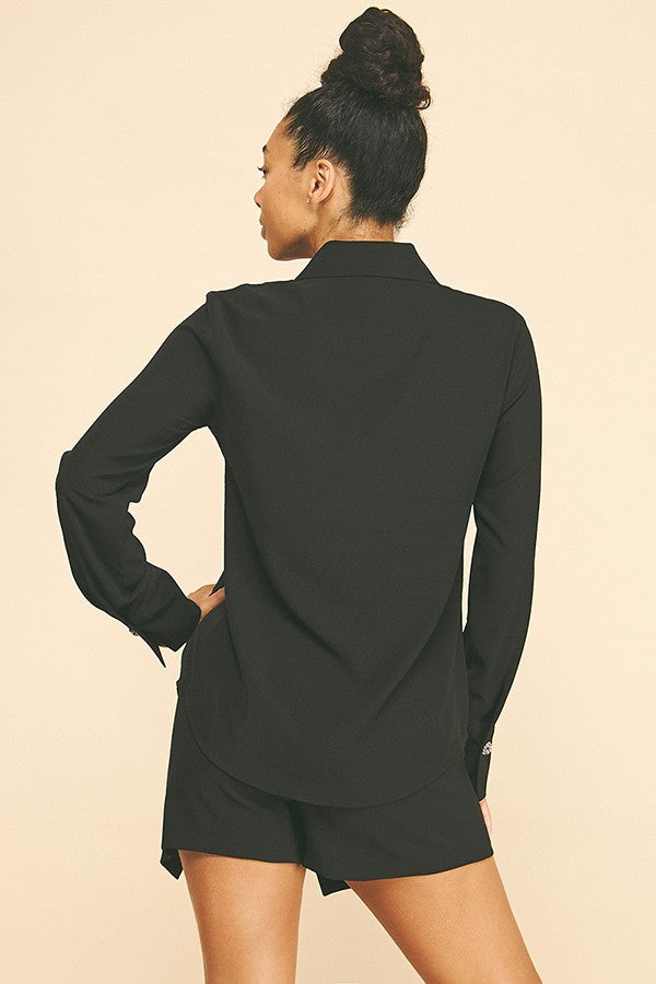 Textured Crepe Rhinestone Cluster Button Dress Shirt Blouse