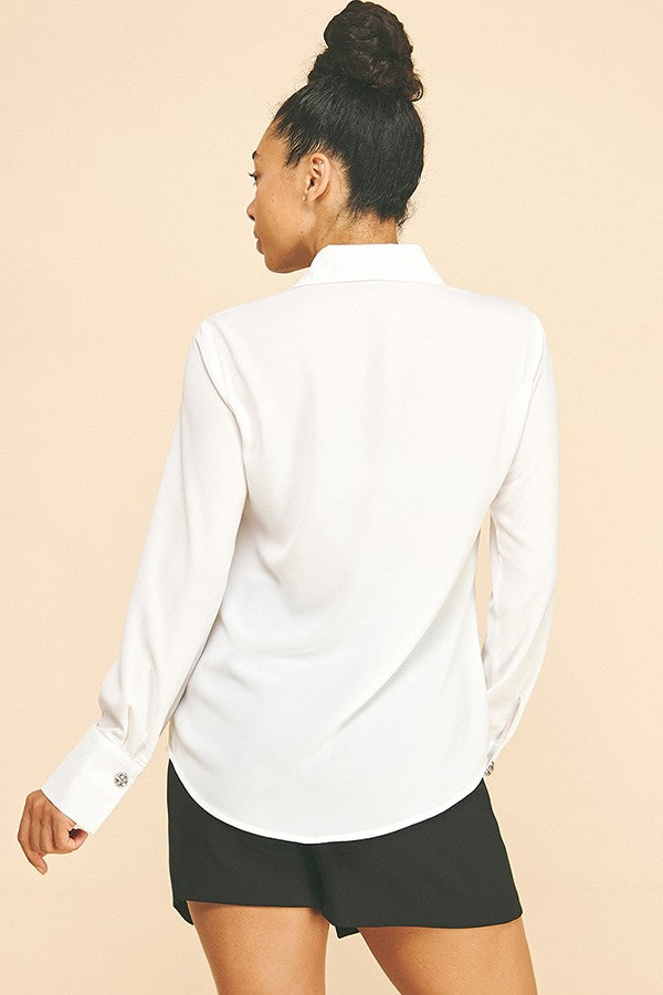Textured Crepe Rhinestone Cluster Button Dress Shirt Blouse
