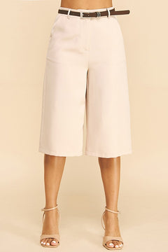 Twill Faux Leather Ringed Brown Belt Culotte Bermuda Shorts