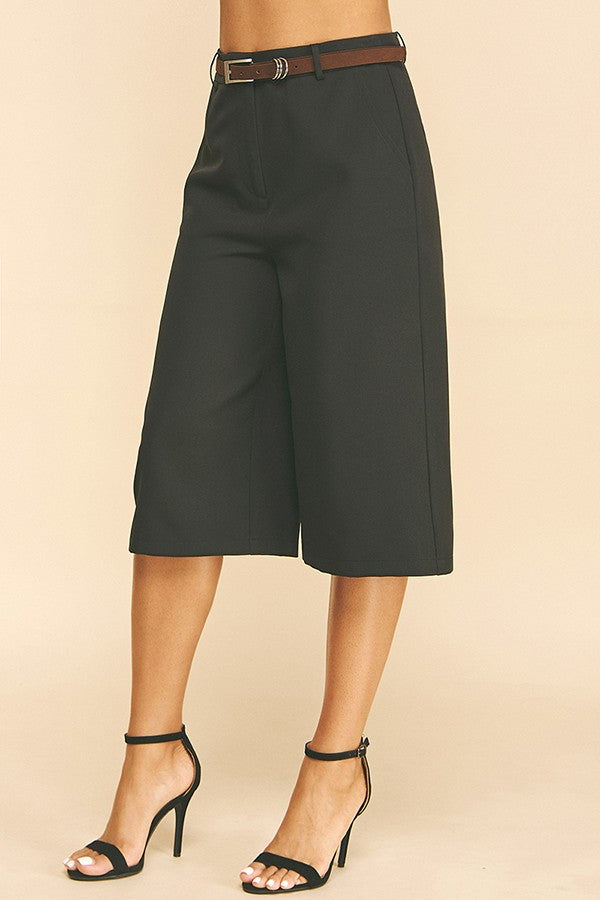 Twill Faux Leather Ringed Brown Belt Culotte Bermuda Shorts