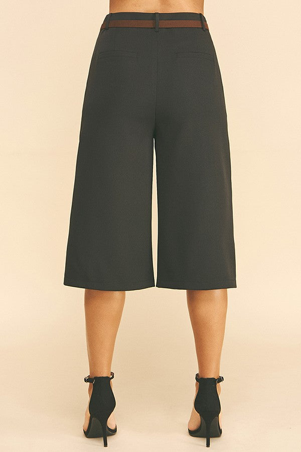 Twill Faux Leather Ringed Brown Belt Culotte Bermuda Shorts