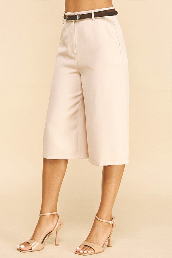 Twill Faux Leather Ringed Brown Belt Culotte Bermuda Shorts