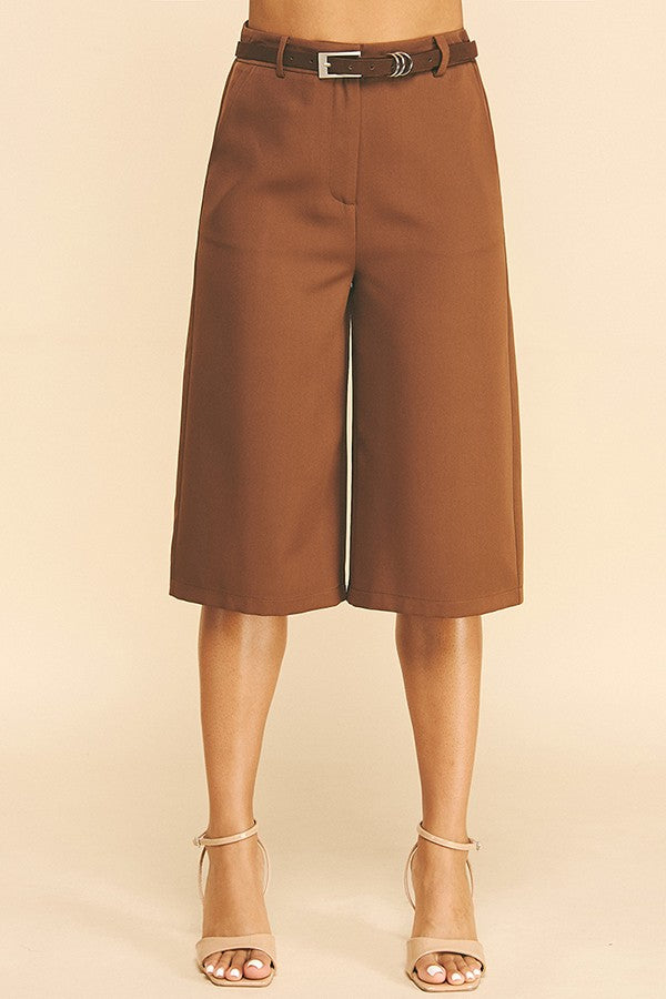 Twill Faux Leather Ringed Brown Belt Culotte Bermuda Shorts