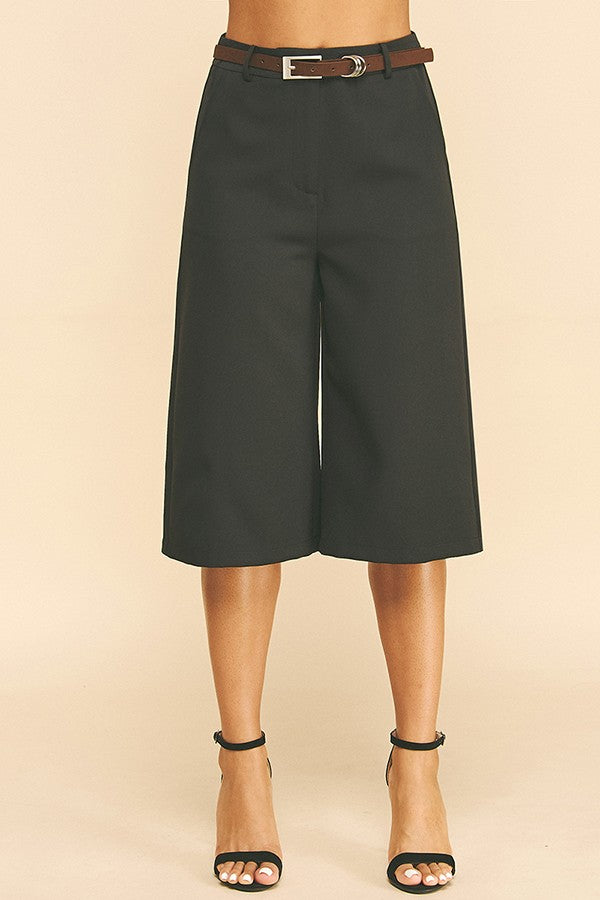 Twill Faux Leather Ringed Brown Belt Culotte Bermuda Shorts