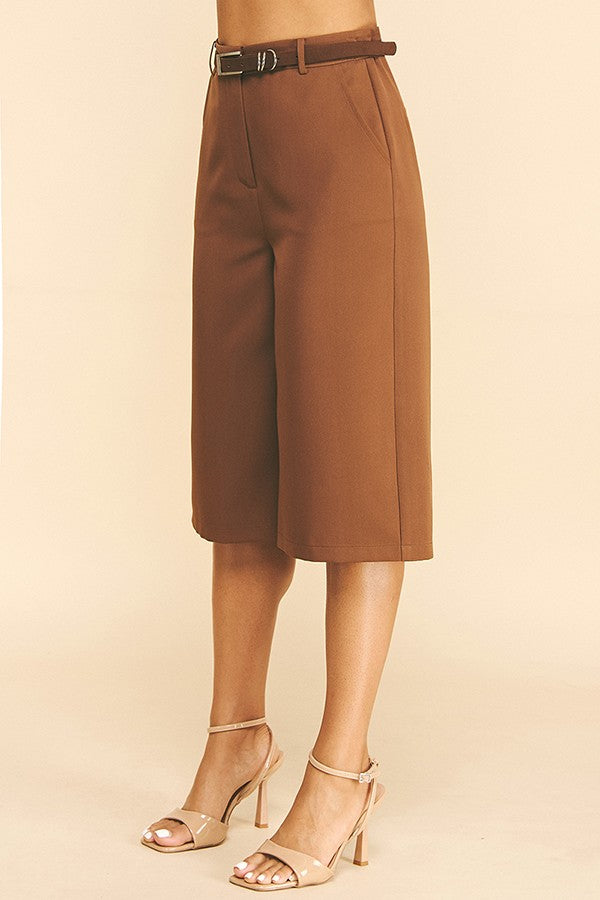 Twill Faux Leather Ringed Brown Belt Culotte Bermuda Shorts