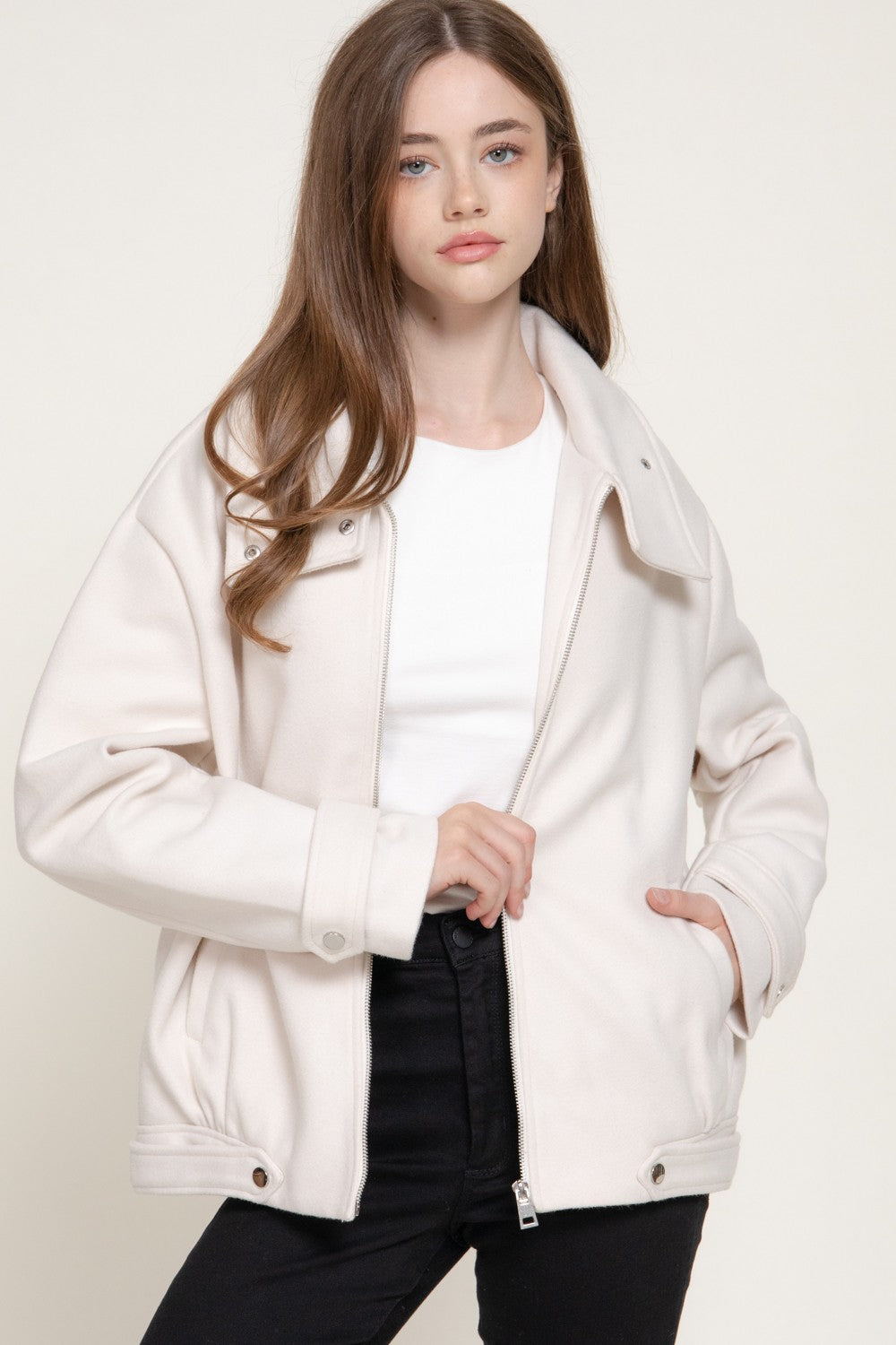 Long Sleeve High Neck Felt Bomber Jacket
