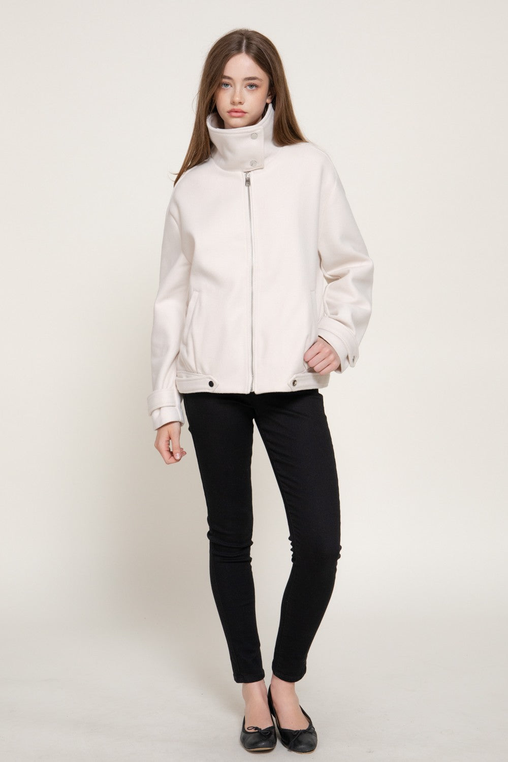 Long Sleeve High Neck Felt Bomber Jacket