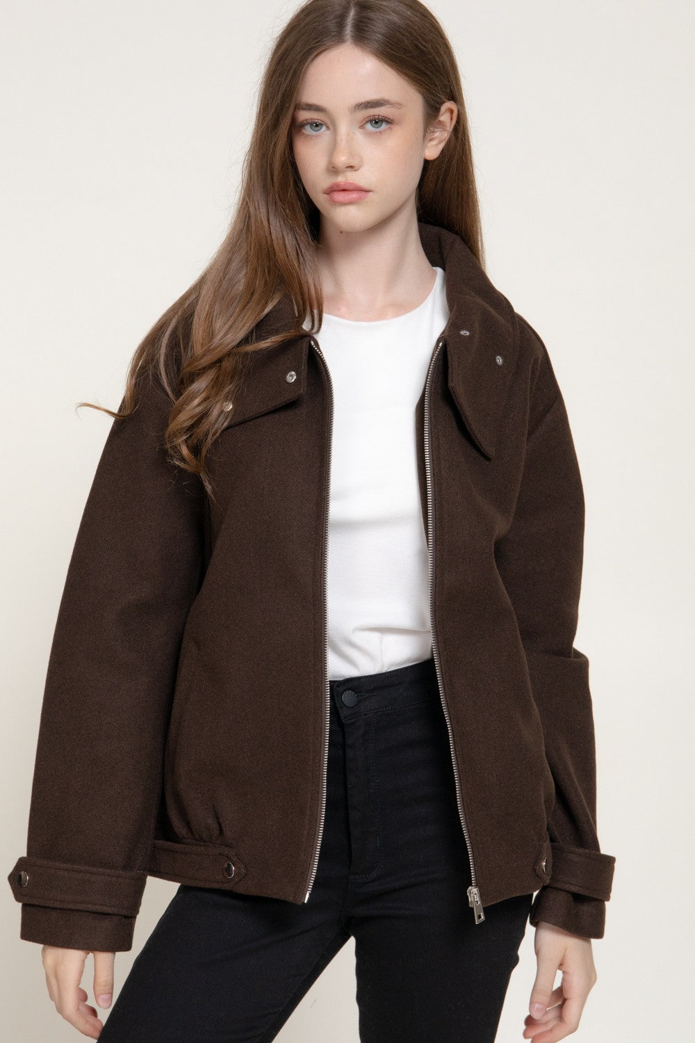 Long Sleeve High Neck Felt Bomber Jacket