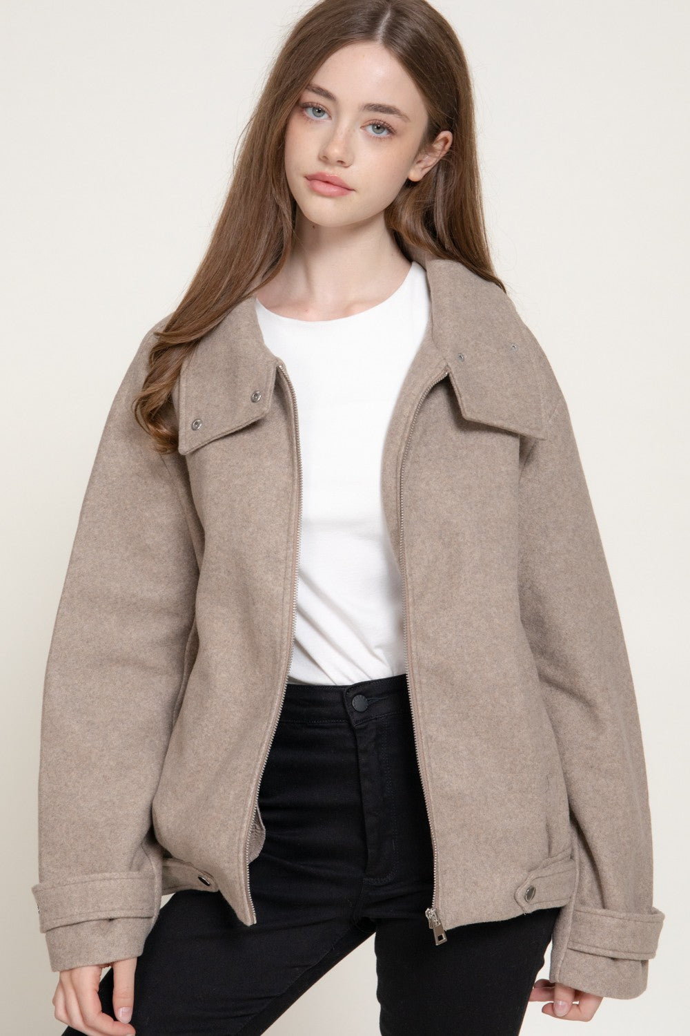 Long Sleeve High Neck Felt Bomber Jacket