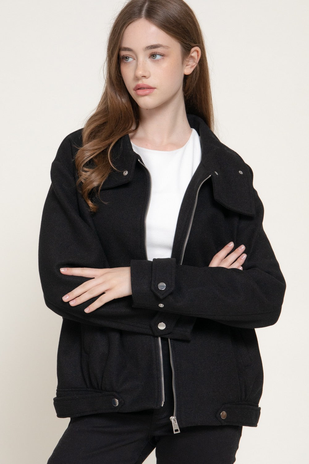 Long Sleeve High Neck Felt Bomber Jacket