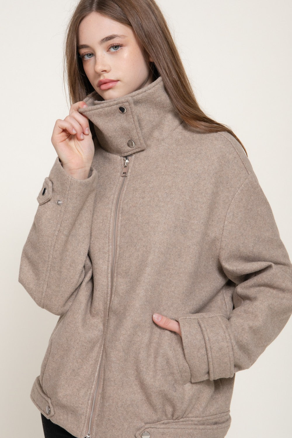 Long Sleeve High Neck Felt Bomber Jacket