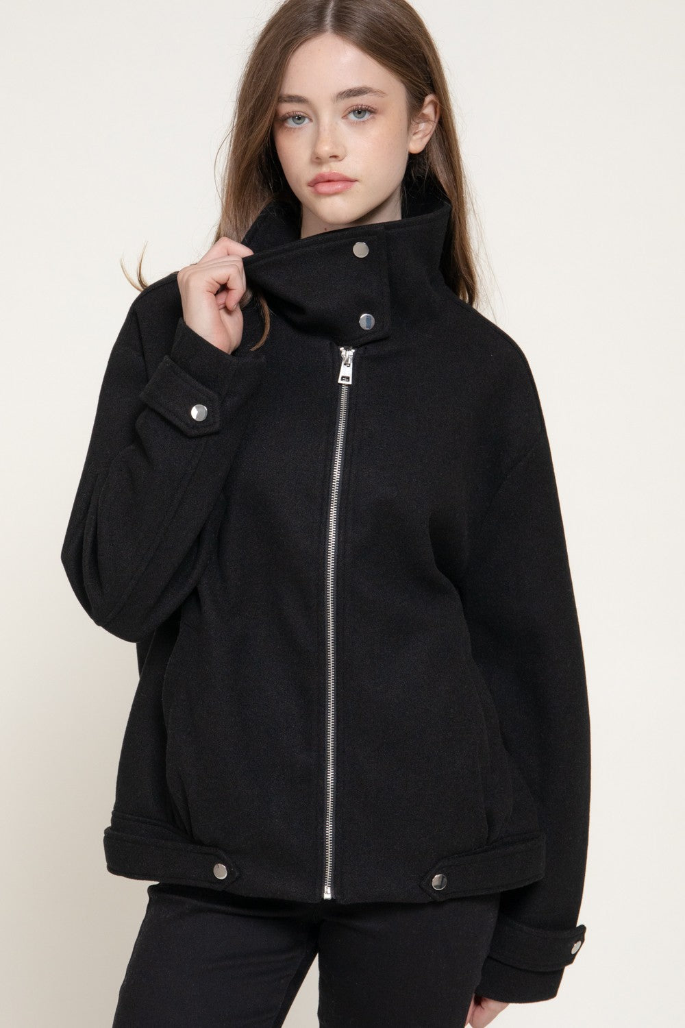 Long Sleeve High Neck Felt Bomber Jacket