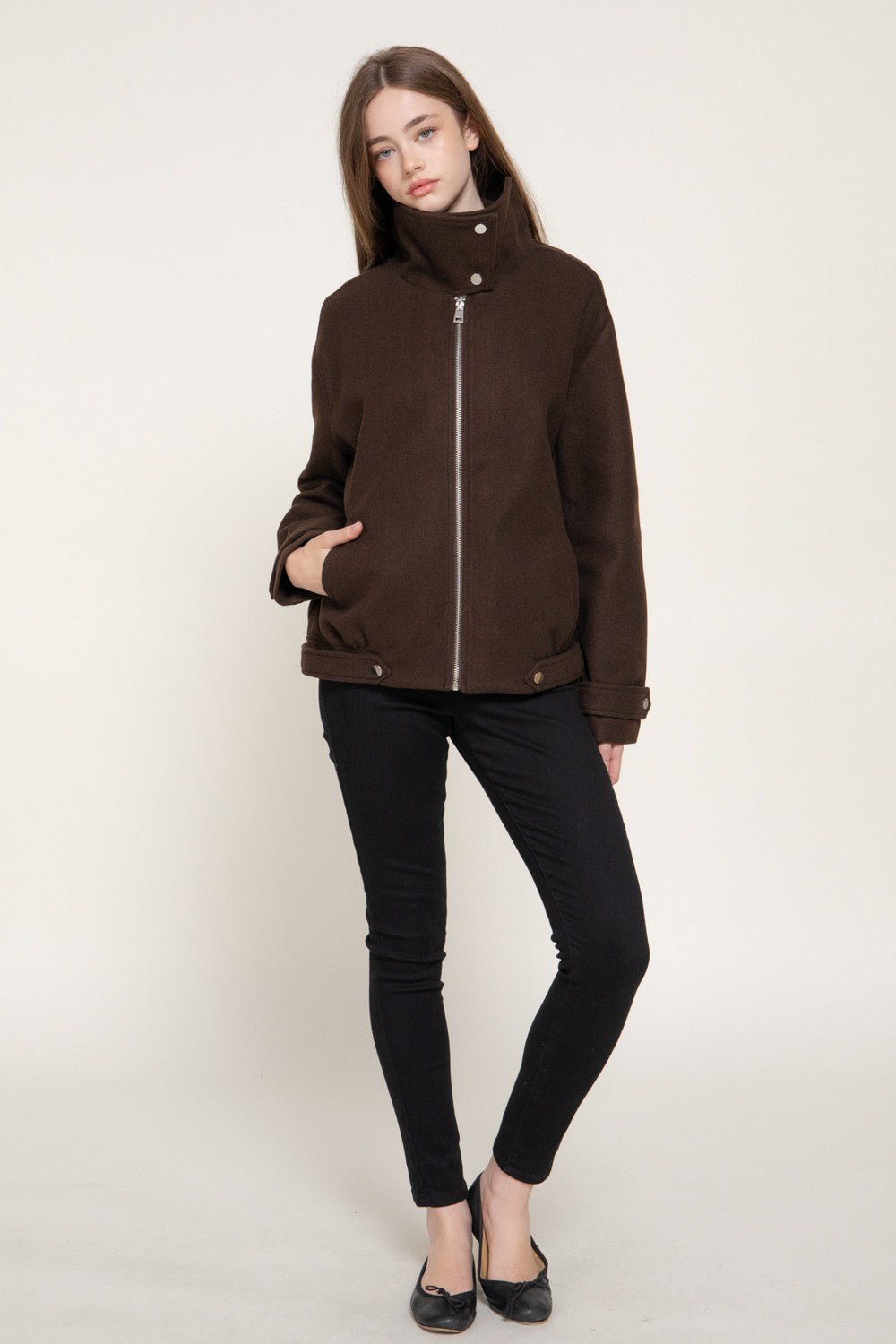 Long Sleeve High Neck Felt Bomber Jacket