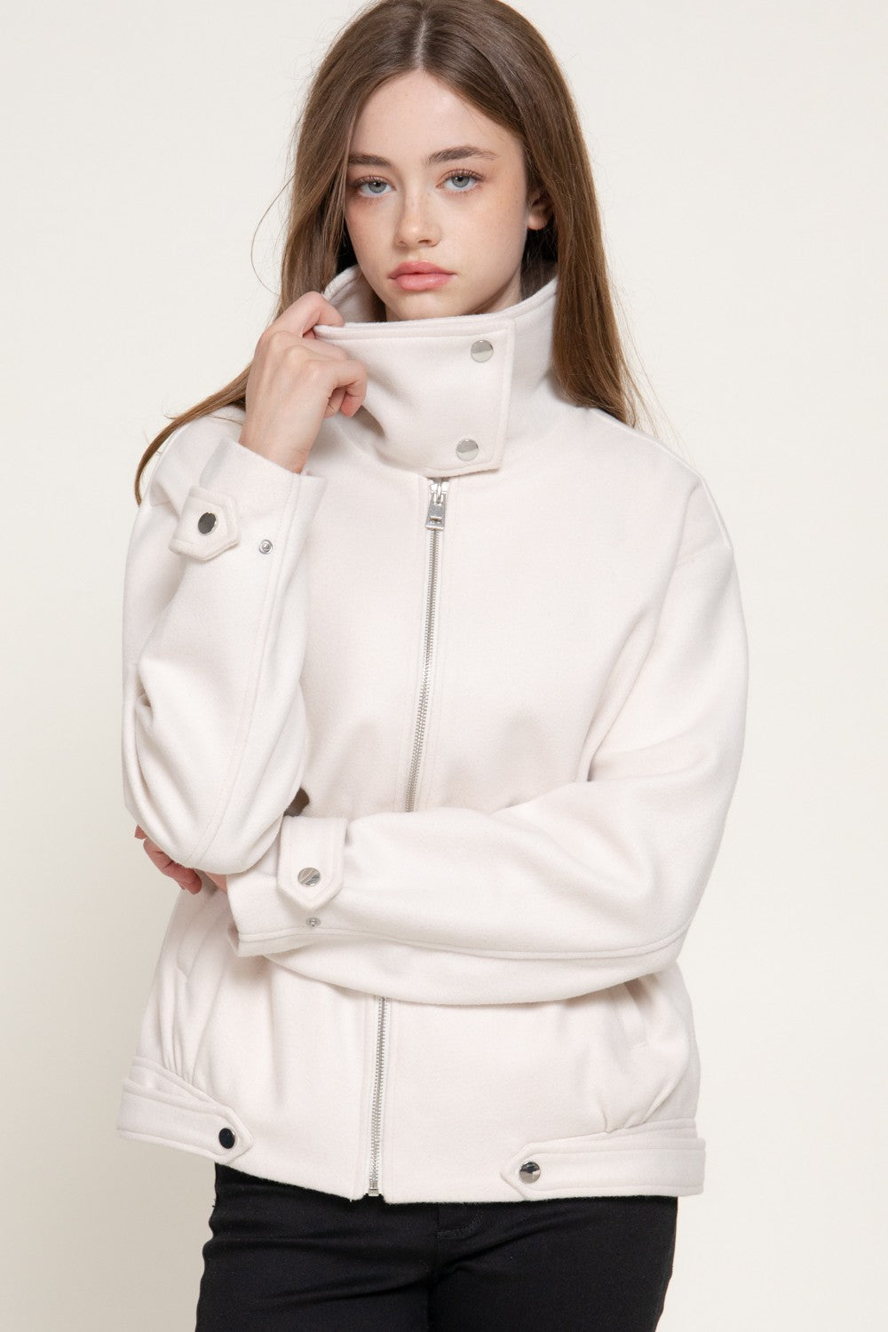 Long Sleeve High Neck Felt Bomber Jacket