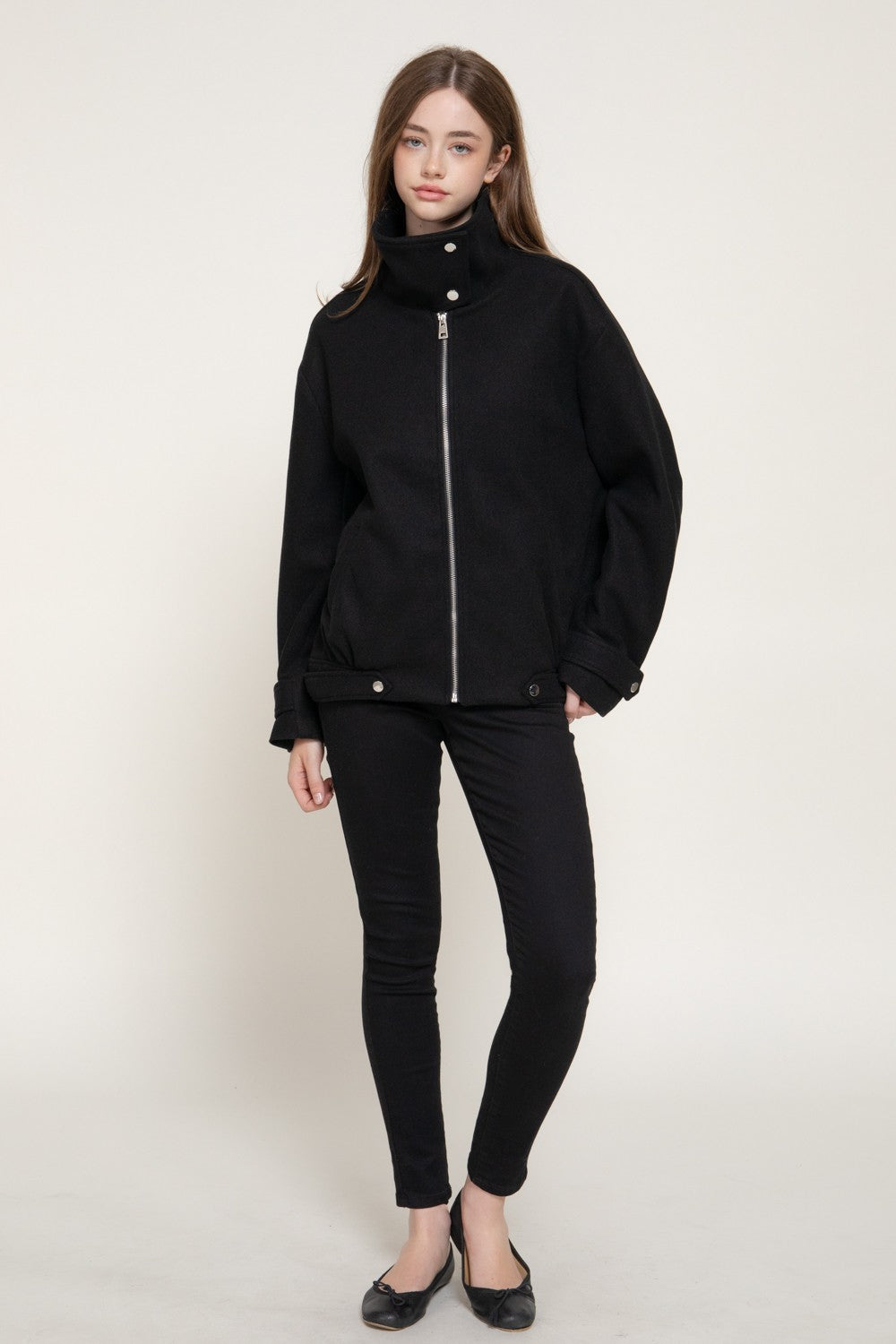 Long Sleeve High Neck Felt Bomber Jacket