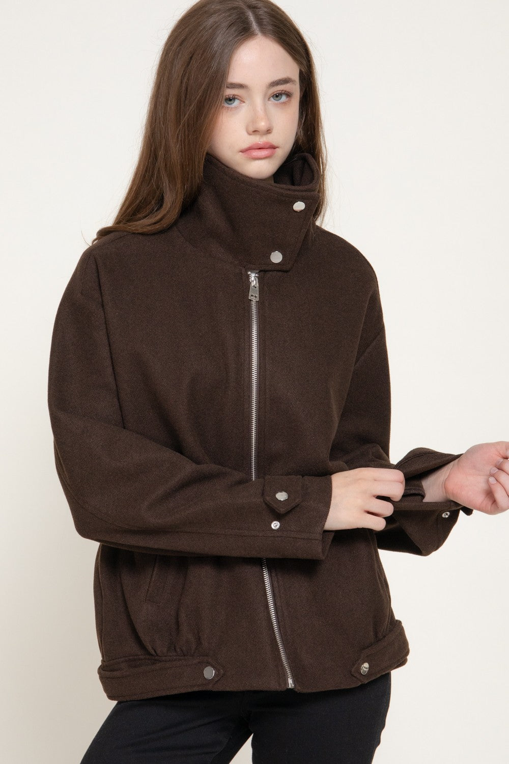 Long Sleeve High Neck Felt Bomber Jacket