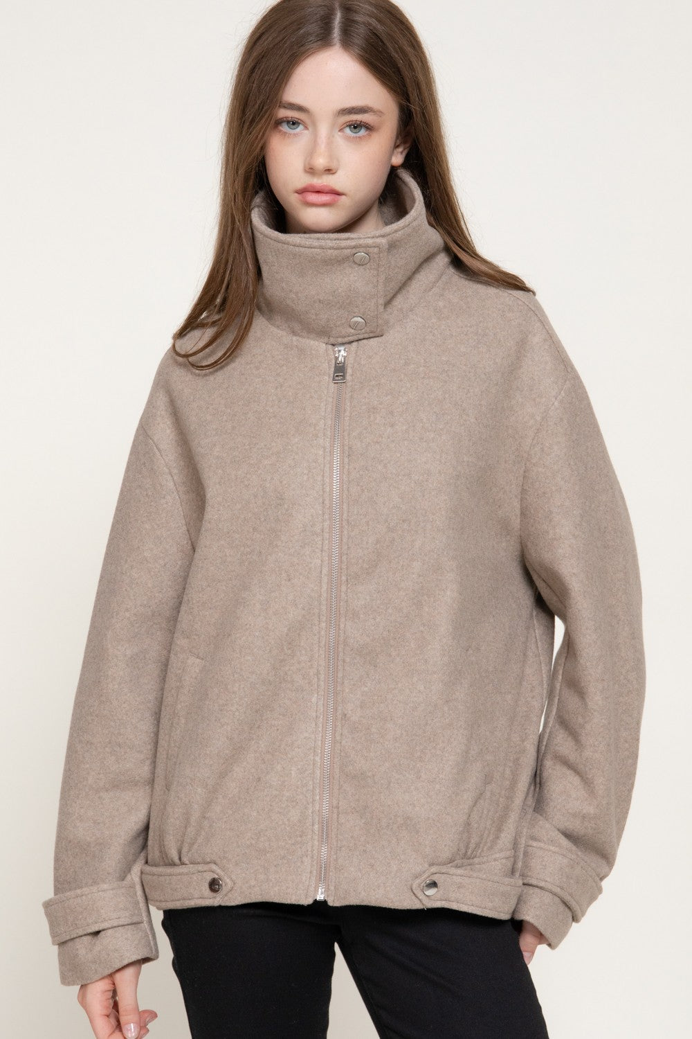 Long Sleeve High Neck Felt Bomber Jacket