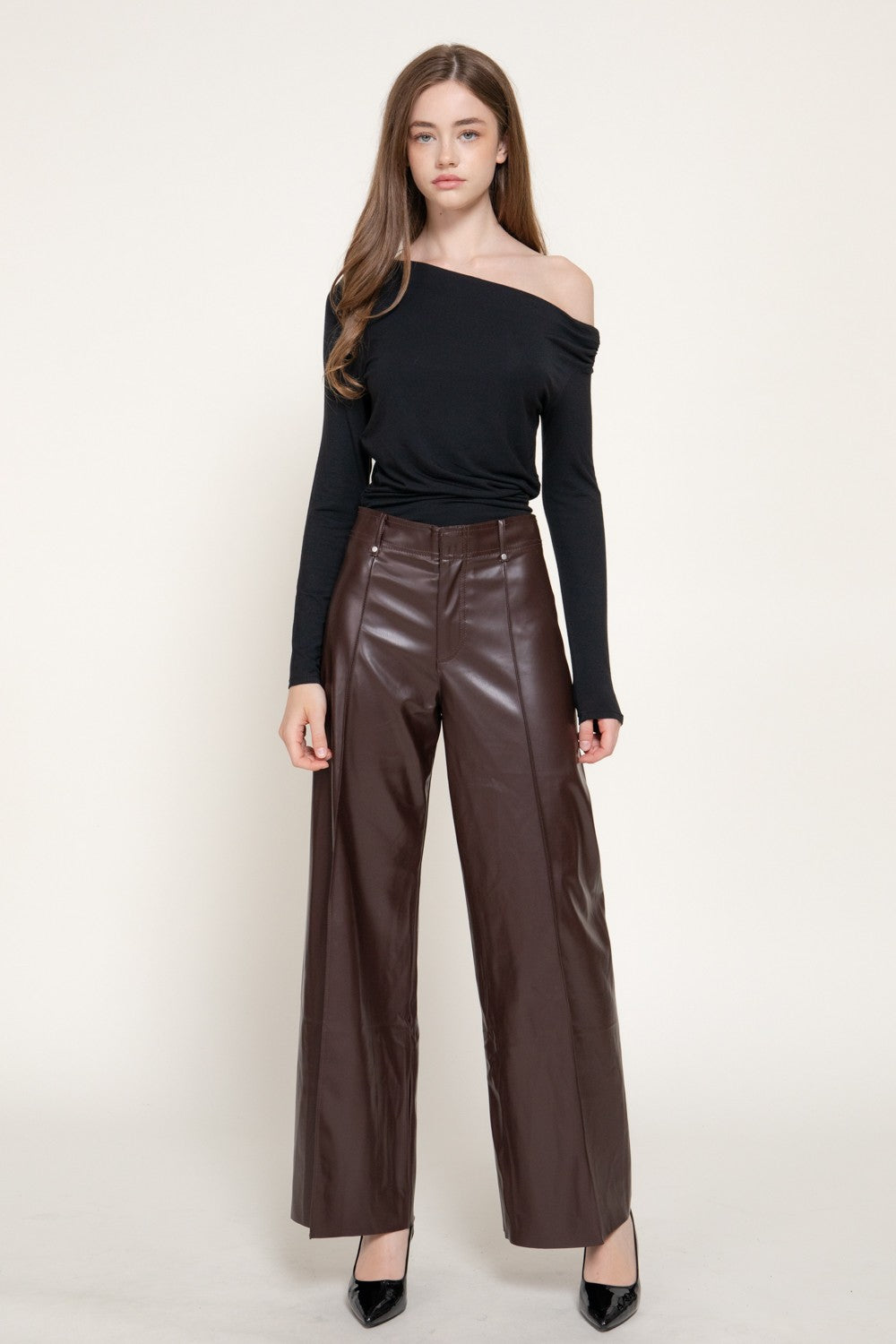 Marked Seam Wide Leg Faux Leather Pants