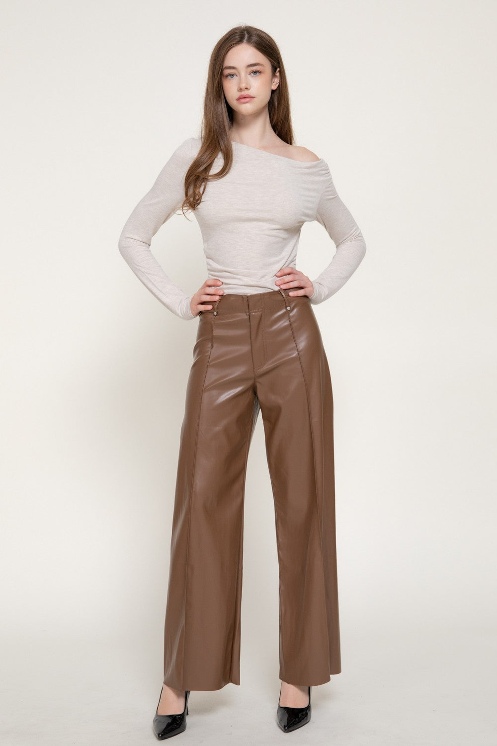 Marked Seam Wide Leg Faux Leather Pants
