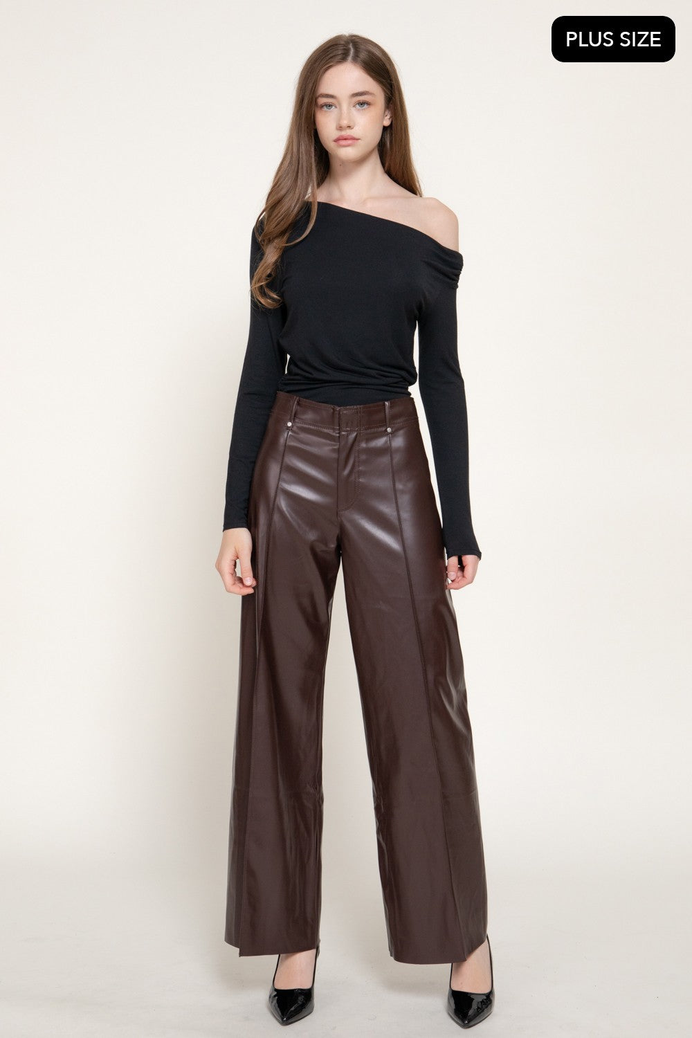 Marked Seam Wide Leg Faux Leather Pants