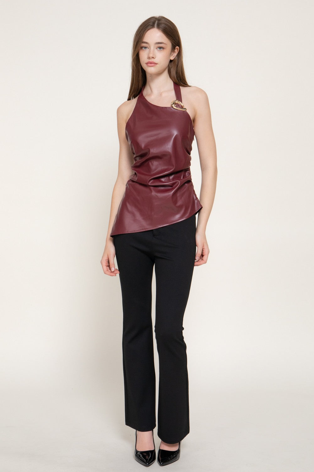 Halter Metal Trim Faux Leather Top