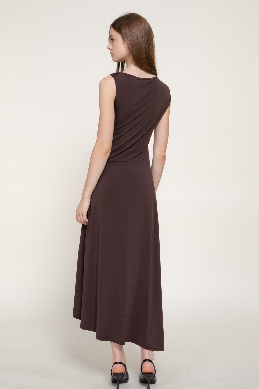 Sleeveless Metal Trimmed Shoulder Draped Dress