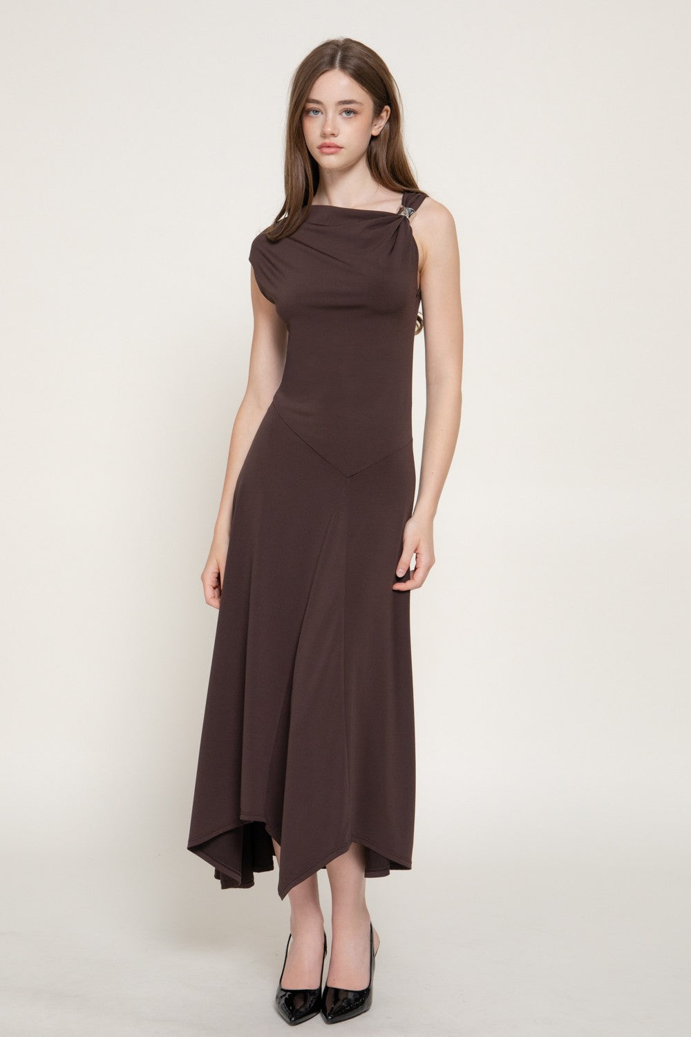 Sleeveless Metal Trimmed Shoulder Draped Dress