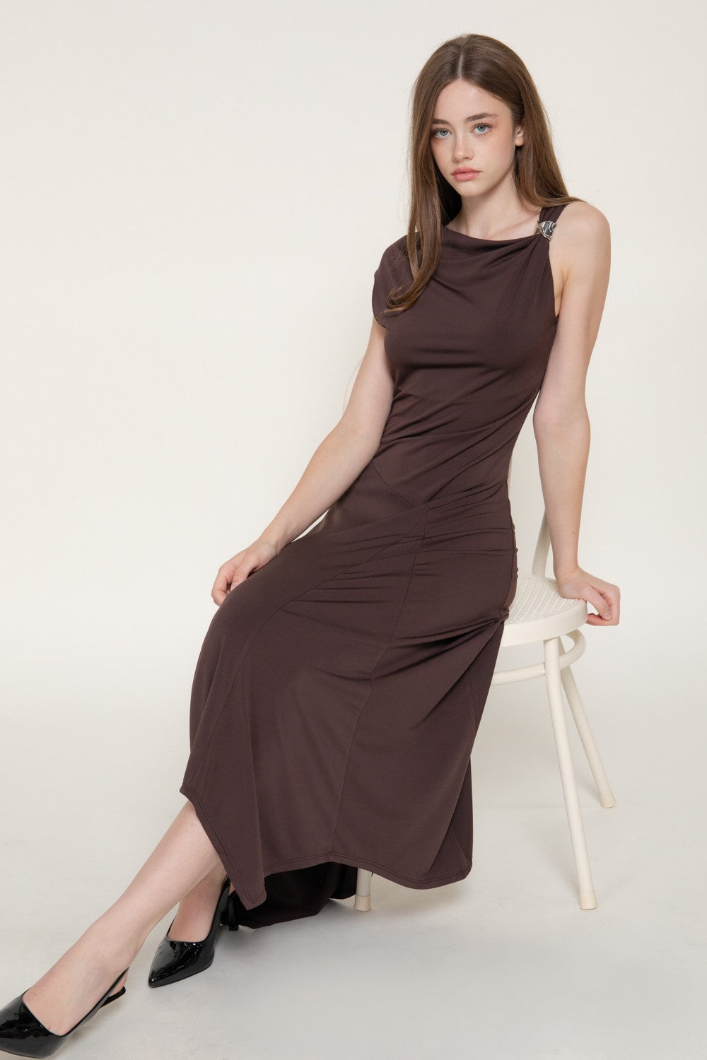 Sleeveless Metal Trimmed Shoulder Draped Dress