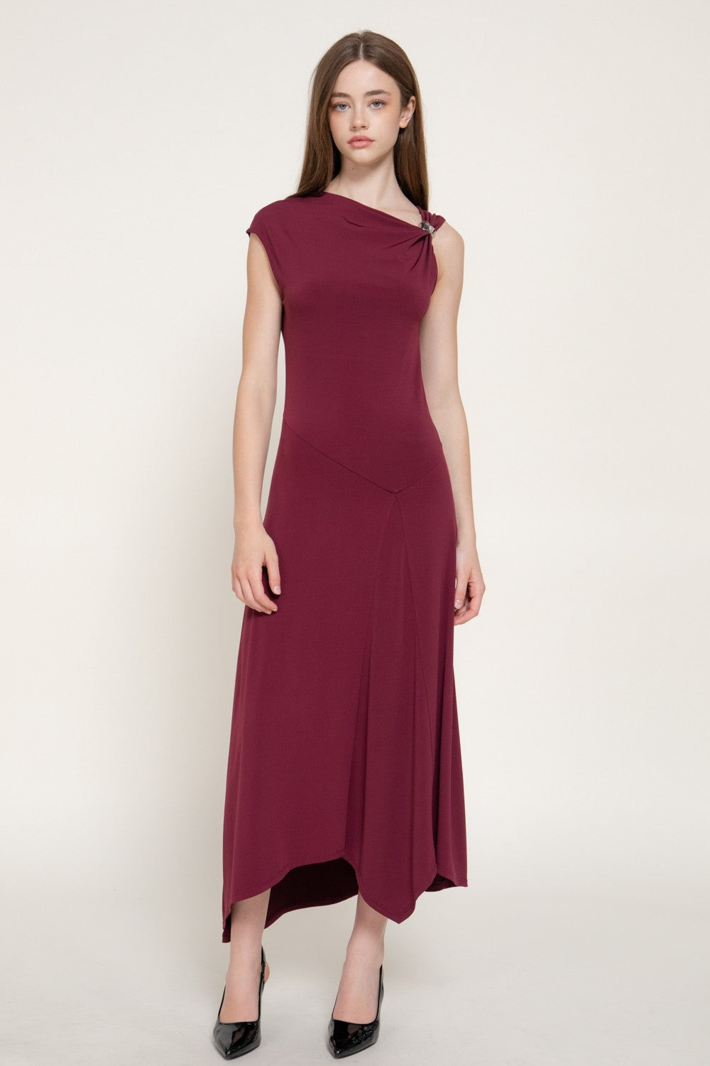 Sleeveless Metal Trimmed Shoulder Draped Dress