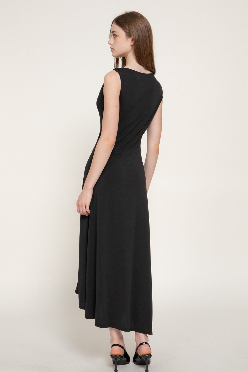 Sleeveless Metal Trimmed Shoulder Draped Dress