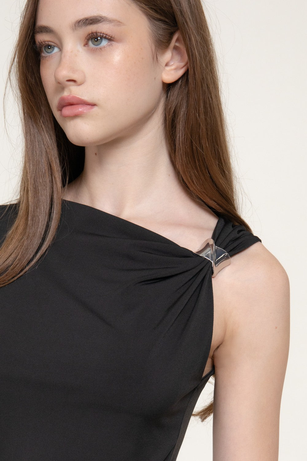 Sleeveless Metal Trimmed Shoulder Draped Dress